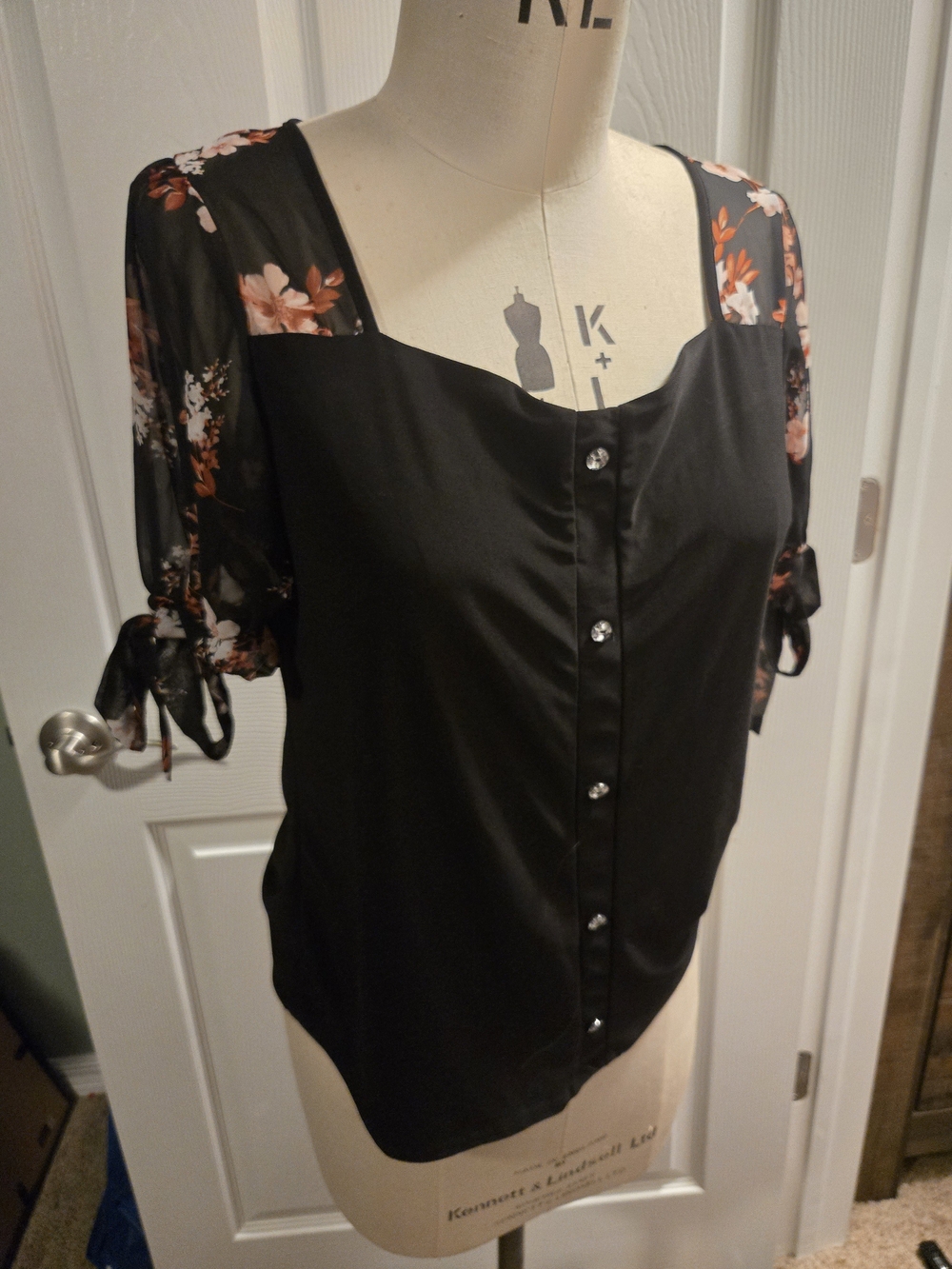 Black Button-Front Blouse with Floral Sheer Sleeves